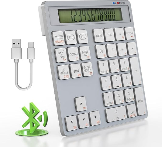 Rytaki Pro 2-in-1 Wireless Number Pad & Calculator, Bluetooth 5.0 Numeric Keypad with USB-C Charging, 34-Key Portable Number Pad for Laptop, MacBook, PC, Windows, iOS & Android Devices