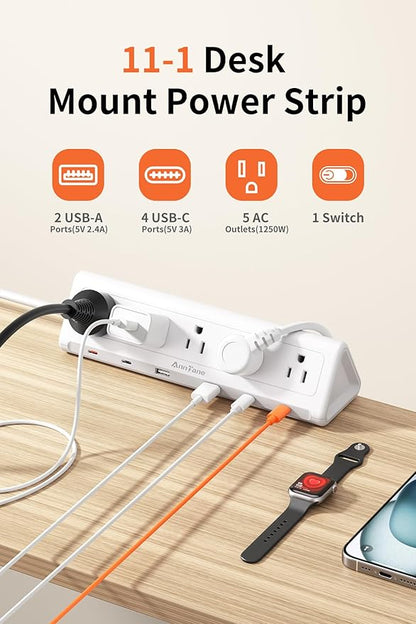 6.5 FT Desk Clamp Power Strip with 5 AC Outlets & 6 USB Ports PD 40W USB-C Fast Charging, 1250J Surge Protector, Fits 2.6 in top Edge White