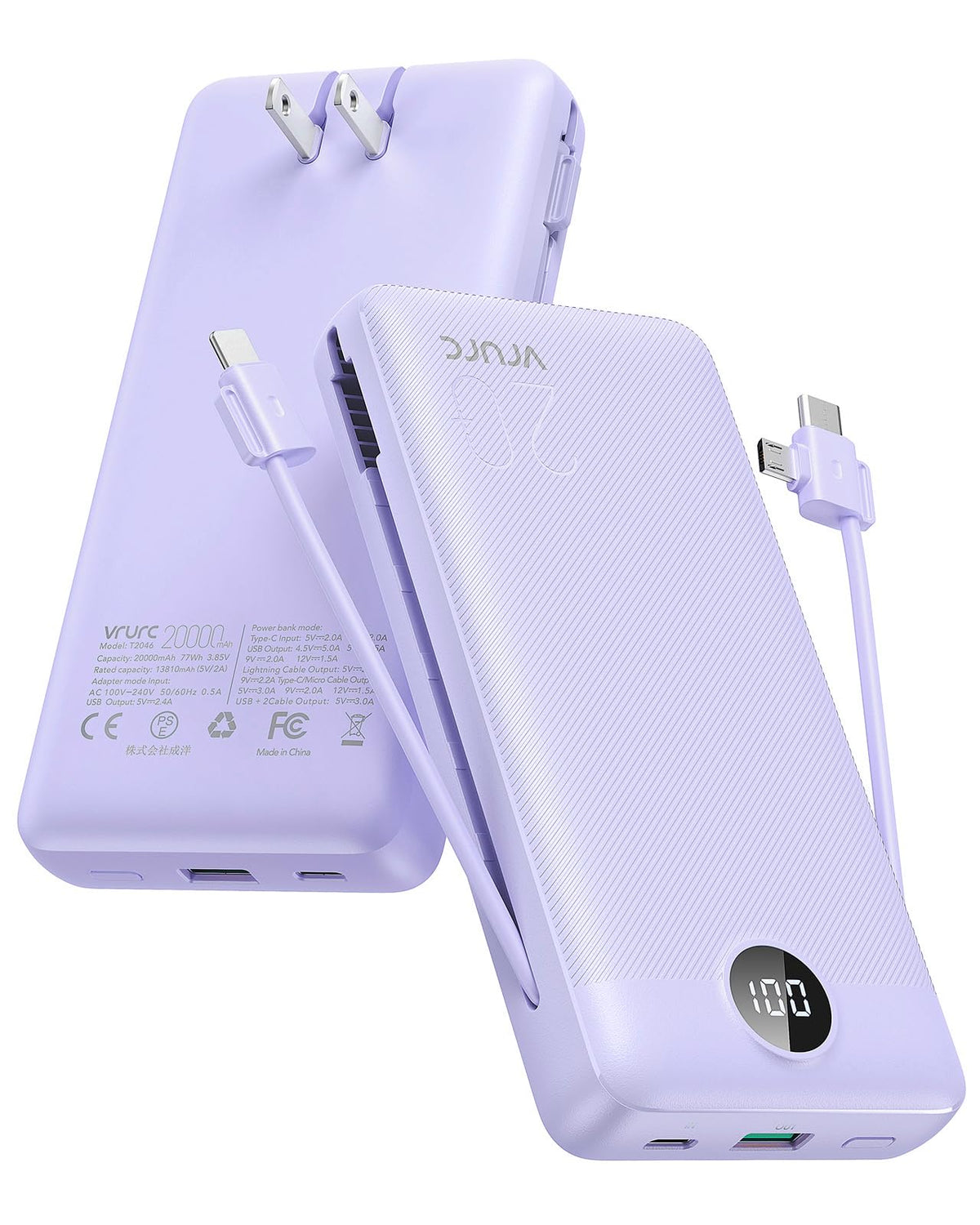 VRURC Power Bank 20000mAh, Fast Charging Portable Charger USB C,4 Output 2 Input Travel Essentials Charging Bank Equipped with LED Display,Built-in Wall Plug and Cables,Phone Charger Battery,White