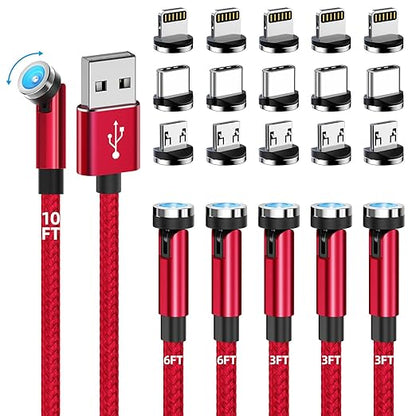 Magnetic Charging Cable, 540 Rotating Phone Charger [6-Pack, 3ft/3ft/3ft/6ft/6ft/10ft] 3 in 1 USB Cable Nylon Braided for iProduct/Micro USB/Type C Device-Red