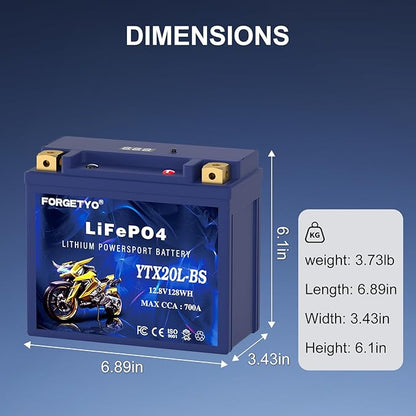 Lithium YTX20L-BS, 700A LiFePO4 Motorcycle Battery, 12V 10AH ATV, UTV, Jet Ski, 4 Wheeler, Snowmobile, Personal Watercraft, Seadoo, Polaris, Tractor,Generator and Riding Lawn Mower Battery