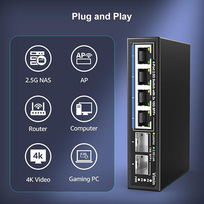 6 Port 2.5G Unmanaged Network Switch, VIMIN 4X 2.5Gbase-T Ports, 2X 10G SFP+ Port, 60Gbps Switching Capacity, IEEE802.3, Metal Housing, Fanless, Work for 2.5Gbps NAS, Wireless AP & PC