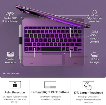 typecase Touch Case with Keyboard for iPad 9th Generation (10.2", 2021), Multi-Touch Trackpad, 10 Color Backlight, 360, Thin & Light - iPad 8th Gen (2020), 7th Gen (2019), Air 3, Pro 10.5 (Violet)