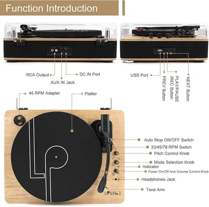 Vinyl Record Player 3-Speed Belt-Drive Turntable with Stereo Speakers and USB Play&Recording (Light Wood)