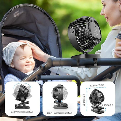 Small Clip on Fan with Remote Control | 8000mAh Battery | 5 Speeds | 5" Portable Rechargeable Mini Desk/Table Fan for Baby Stroller, Outdoor Camping, Tent, Desktop, Bedroom, Living Room, Office, Dorm