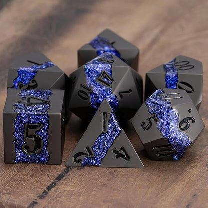 Metal DND Polyhedral Dice,Large Stripe Glitter Metallic Dice Set,Antique Silver Dice 7pcs Set for Role Playing Games(Pearl Gun Purple)