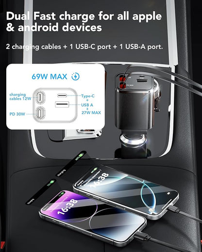 Retractable Car Charger, 4 in 1 Fast Car Charging 60W, Compatible for iPhone 16 Car Travel Essentials Charger, Women Men for Gifts USB C Car Honda Civic Accessories Adapter Compatible for iPhone 16 15