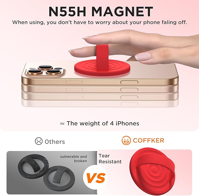 Magnetic Phone Ring Grip Holder, Silicone Finger Loop Grip, Compatible with MasSafe, Back of Phone for iPhone Pro Max/Plus/16/15/15/14/13/12 Series, Red