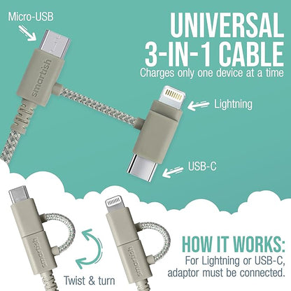 Smartish USB-C/Lightning Cable for iPhone 16/15/14 - Crown Joule - 6 Foot Universal Fast Fabric Wrapped Charging Cable w/Micro-USB - Apple MFi Certified for iPhone 13/12/SE/iPad/AirPods/Android - Tan