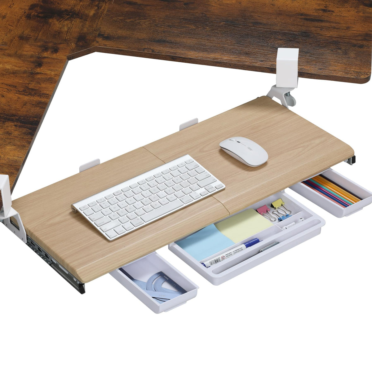 ETHU Corner Keyboard Tray Under Desk with Metal Rail, 26.8x11.8", Oak