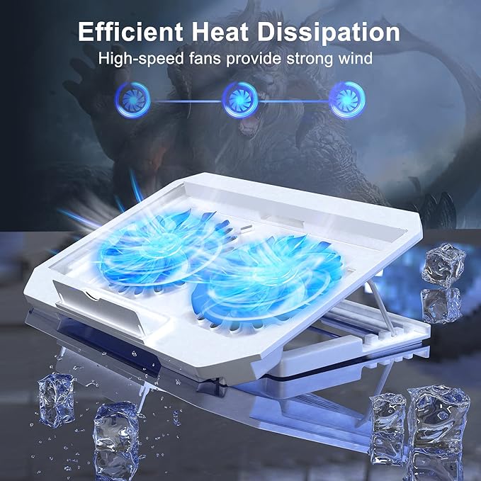 LIENS Laptop Cooling Pad with Adjustable Height Two 5.1 Inches Fan 2 USB Ports Suitable for 12"-15.6" Laptops（White）
