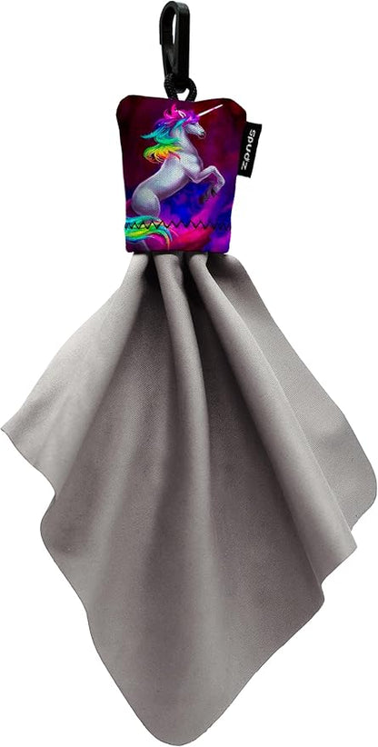 SPUDZ Classic Microfiber Lens Cleaner – Clip-On Pouch, Washable – for Binoculars, Scopes, Glasses, Screens | Vibrant Unicorn, 6 x 6 Inch