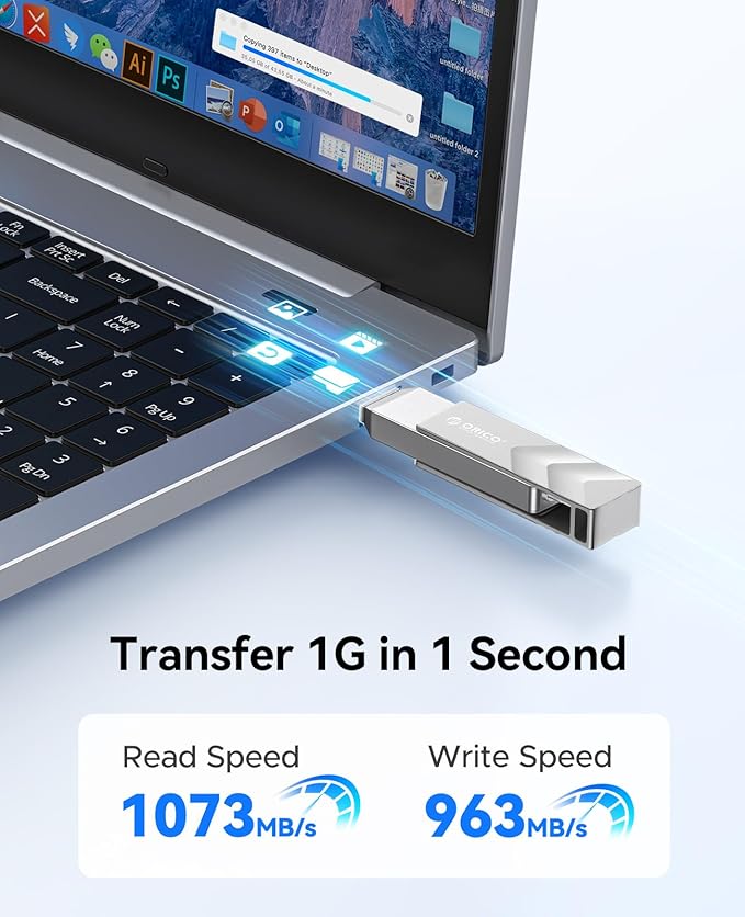 ORICO 1TB Portable Solid State Drive, 1050MB/s Dual-Port Rotating Metal External SSD with 90° Click-Stop, Reliable Storage for iPhone 16, 15 Series, Type-C Smartphone, Mac, Audio, Vehicle - A101