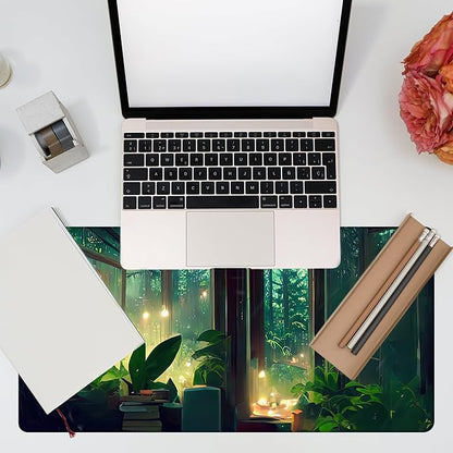 Desk Mat, Window View of Forest Desk Pad, Green Atmosphere Large Gaming Mouse Pad for Desk, 31.5"x15.7" Extended Big Computer Keyboard Mouse Pad with Non-Slip Base and Stitched Edge