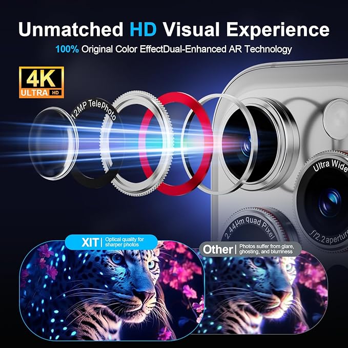 X-it 1 Pack Camera Lens Protector, Shatterproof Protection Anti-Scratch Ultra HD Camera Protector, Anti-Glare 9H Tempered Glass Lens Protector for iPhone 16 Pro Max/16 Pro, Case Friendly, Silver Red