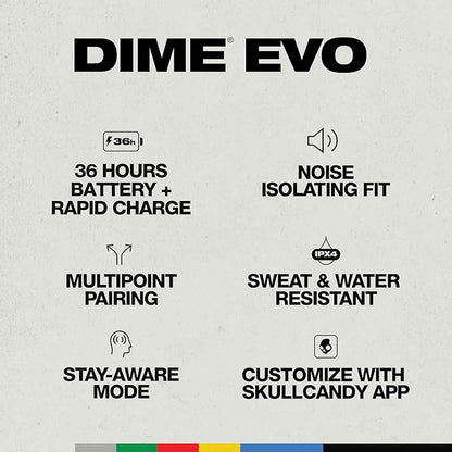 Skullcandy Dime Evo Wireless Earbuds, Bluetooth Headphones, Noise Isolating Fit, Up to 36 Hours Battery, Microphone for iPhone Android, Easy Carry with Clip-Anywhere Case - True Black