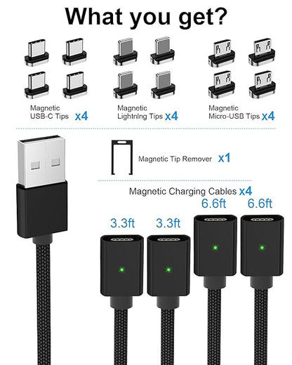 ZBF Magnetic Charging Cable 3A Fast Charging (4-Pack, 3.3/3.3/6.6/6.6 ft) 3 in 1 Magnetic Phone Charger, 480Mbps Data Transfer, USB A to Type C Charger Cable for USB-C/IproductMicro USB Device(Black)