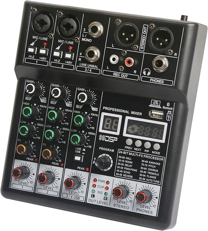 Dj Mixers, 4 Channel Audio Mixer, Sound Board with Bluetooth Player, Usb Audio Interface with 48V Phantom Power, Sounds Mixer Board with 99 DSP FX Reverb Delay Effect