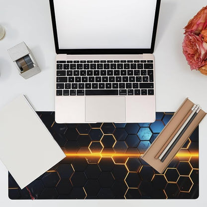 Large Gaming Mouse Pad,Golden Lines Honeycomb Technology Desk Mat,Honeycomb Technology Desk Pad,Extended Computer Keyboard Mouse Pad with Non-Slip Base and Stitched Edge,35.4"x15.7"
