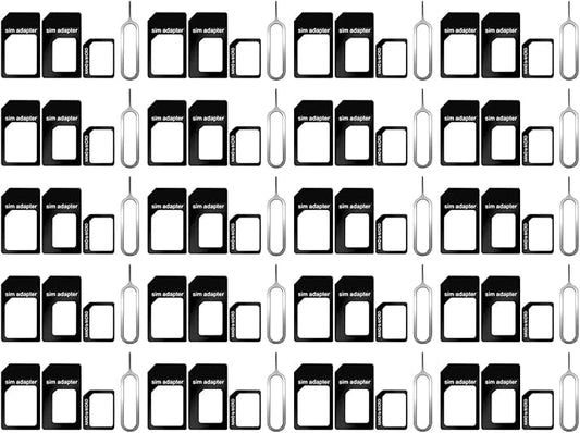 20 Pack SIM Card Adapter Kit, 4 in 1 Nano Micro Standard Converter Kit with Steel SIM Tray Eject Pin 1, Black