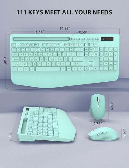 Wireless Keyboard and Mouse Combo - Full-Sized Ergonomic Keyboard with Wrist Rest, Phone Holder, Sleep Mode, Silent 2.4GHz Cordless Keyboard Mouse Combo for Computer, Laptop, PC, Mac, Windows (Green)