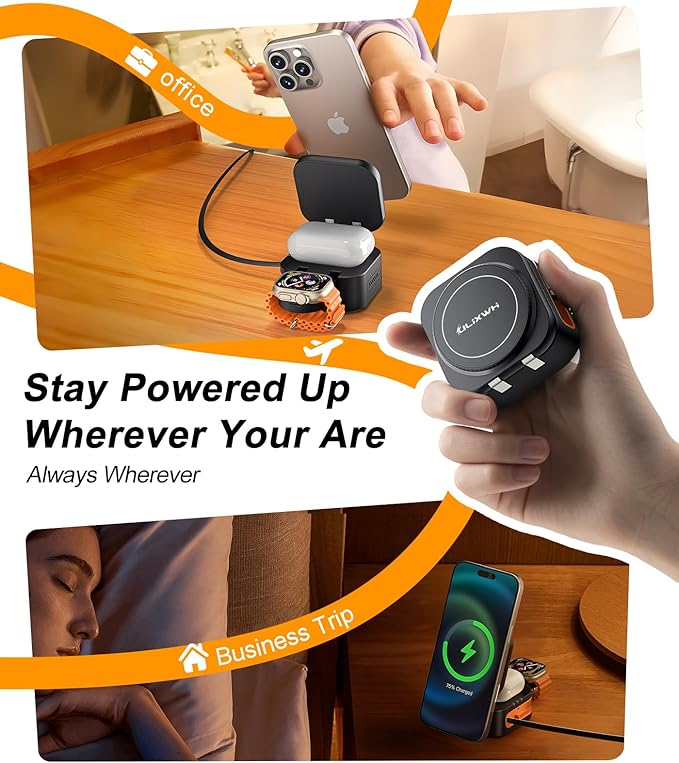 Retractable 3 in 1 Charging Station for Apple, 15W Fast for Magsafe Foldable Magnetic Wireless Charging Stand with Retractable Cable, for Travel, for iPhone 16/15/14/13, Apple Watch, AirPods
