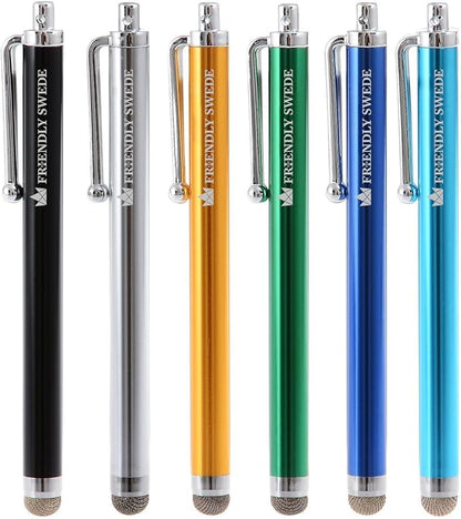 The Friendly Swede Micro-Knit Stylus Pen for Touchscreen — 6-Pack Hybrid Fiber Tip Universal Capacitive Stylus Pen for iPad; Lanyards & Cleaning Cloth - Silver/Aqua Blue/Green/Dark Blue/Yellow/Black