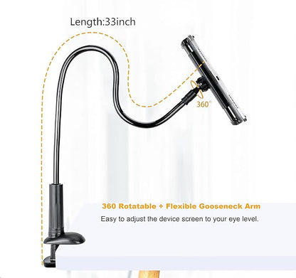 Gooseneck Tablet Phone Holder | Kindle Stand Holder for Bed | 33in Flexible Long Arm Clamp Clip Mount for iPhone, iPad, Switch, Galaxy Tabs, Kindle Fire, 4.7''-11'' Tablet Devices