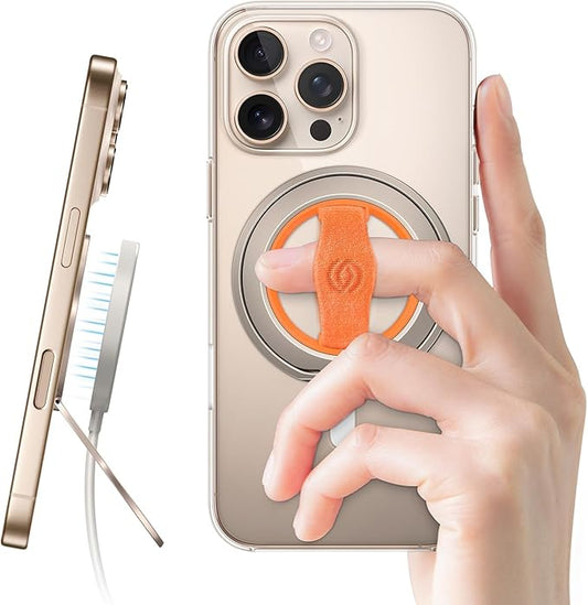 EWA MagOne 3rd Gen [Compatible with MagSafe] Phone Grip Stand with Finger Strap, Removable Magnetic Ring Holder Kickstand Loop for iPhone 17,16,15,14,13,12 Series-(Gold-Orange)