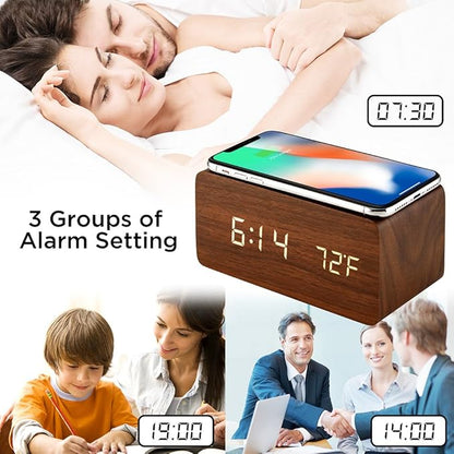 OCT17 Alarm Clock with Qi Wireless Charging Pad Compatible with iPhone Samsung Wood LED Digital Clock Sound Control Function, Time Date, Temperature Display for Bedroom Office Home- Brown