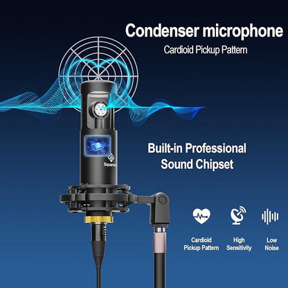 Podcast Equipment Bundle for 2 with Dual XLR-3.5 Condenser Micophones with Mic Pop Filters Audio Equipment for Live Streaming/ Recording, Online Gaming for Phone/ Laptop/ PC Audio Interface M100