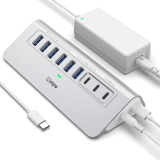 Powered USB Hub 10Gbps, intpw 9-Port USB 3.2 Hub, USB C Hub with USB A/USB C 3.2, 4 USB 3.0, 2 PD 45W Charging Ports, 65W Power Adapter and 3.3FT Cable, Aluminum USB Hub for PC,Laptop,iPhone 17/16/15
