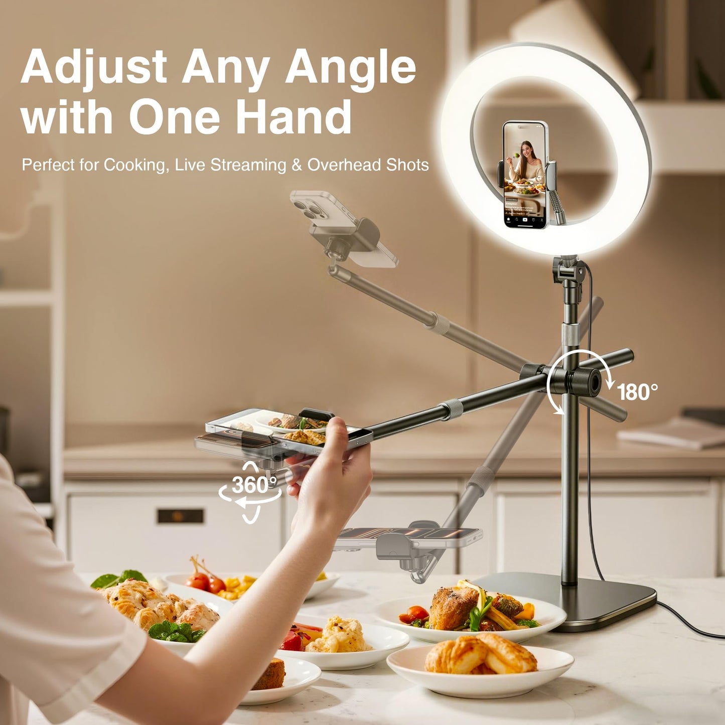 Overhead Phone Mount, Overhead Camera Mount Stand [Anti-Shaking] with 10.5" Ring Light, Desk Stand for iPhone with Ring Light for Video Recording, Zoom Meeting, YouTube, TikTok
