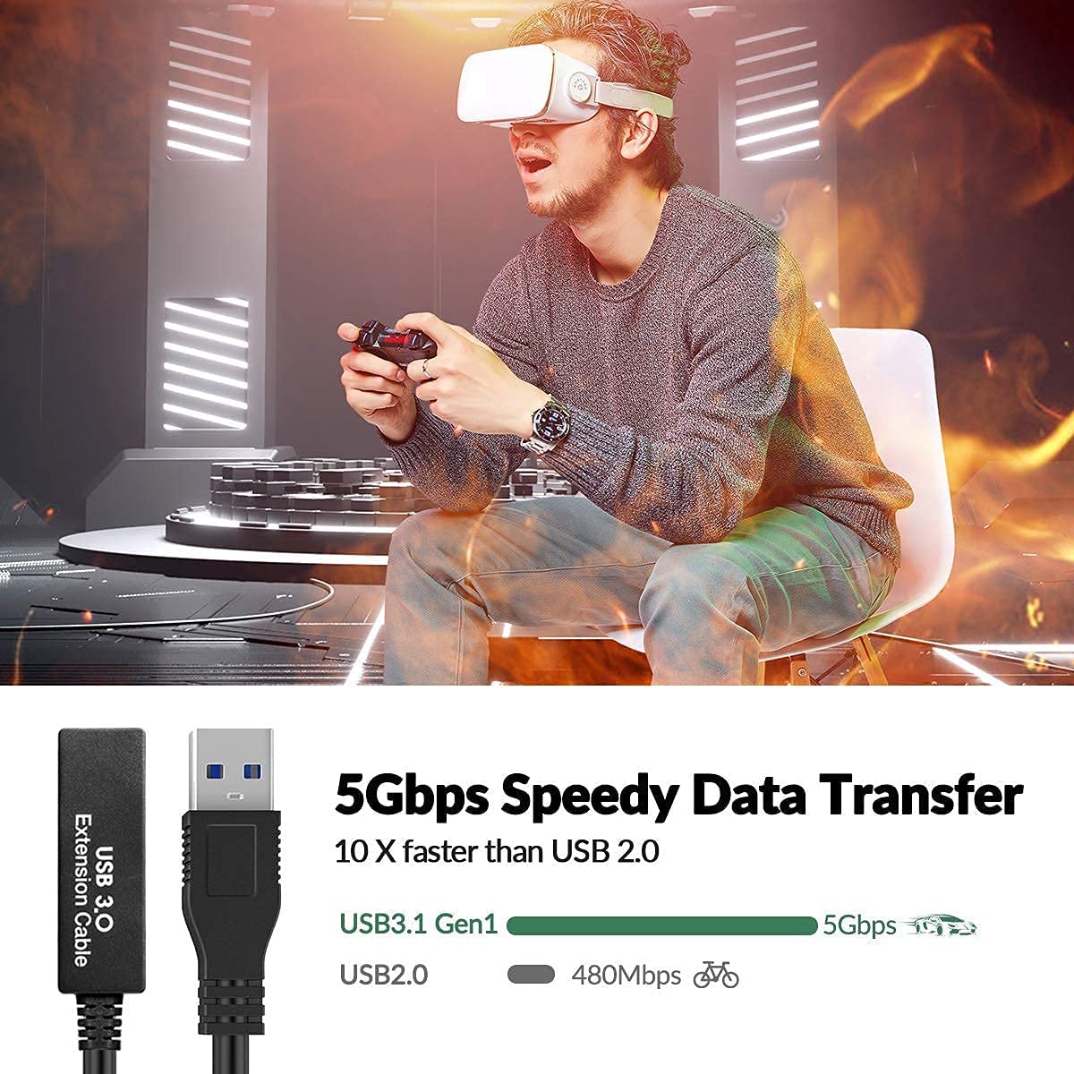 S.H.Y SPRUCES 33FT USB 3.0 Active Extension Cable,USB Extension Cord A-Male to A-Female,Compatible with Oculus Quest 3 VR,Headset,Hard Drive,Printer,Webcam,Scanner,PS4 More