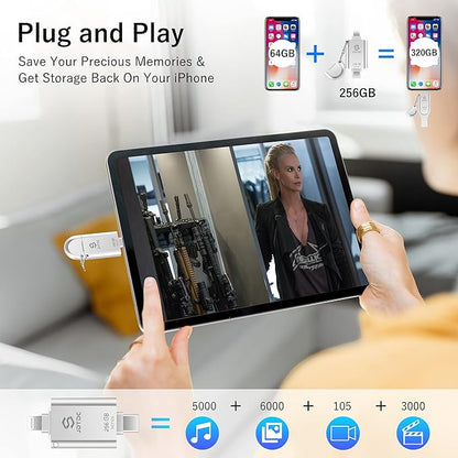 MFi Certified 256GB 3-in-1 Photo-Stick-for-iPhone-USB-Flash-Drive Photo-Storage-Stick-iPhone-Thumb-Drive External-Storage-Mobile-for-Android iPad Type-C Flash Drive Photo-Stick for iPhone 16/15/14