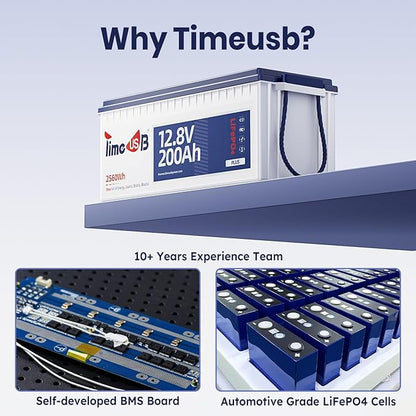 12V 200Ah Plus LiFePO4 Battery, Timeusb Lithium Battery with 200A BMS, Max. 2560W Power, 4000-15000 Deep Cycles, 10-Year Lifetime, Perfect for RV, Camping, Marine, Solar Off Grid, Backup System