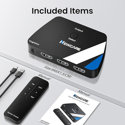 NEWCARE 8K HDMI Switch 3 in 1 Out, HDMI 2.1 Switch with Remote, HDMI Splitter 4K@120Hz Support 8K@60Hz HDCP2.3 HDR10+ VRR ALLM Dolby, HDMI Switcher Compatible with TV PS5/4 Xbox Laptops PC Projector