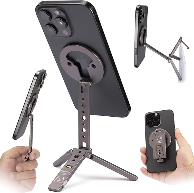 Ultra-Compact Magnetic Tripod for iPhone | Foldable Hook Design, 20 N52 Magnets, Cold Shoe & 1/4" Screw - Phone Stand for iPhone 12-17 & MagSafe Devices