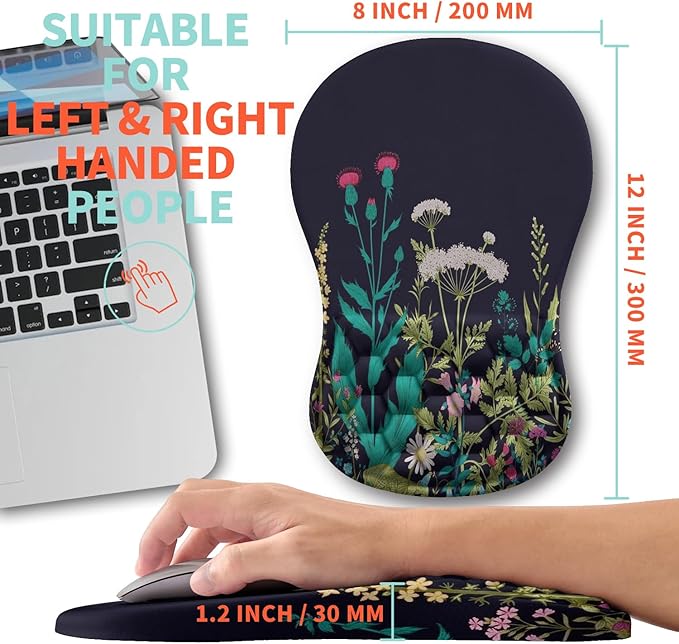 Kuosgm Ergonomic Mouse Pad Wrist Support with Memory Foam Massage Bulge, Carpal Tunnel Pain Relief Mousepad Wrist Rest for Mouse(12x8 inch, Midnight Floral)