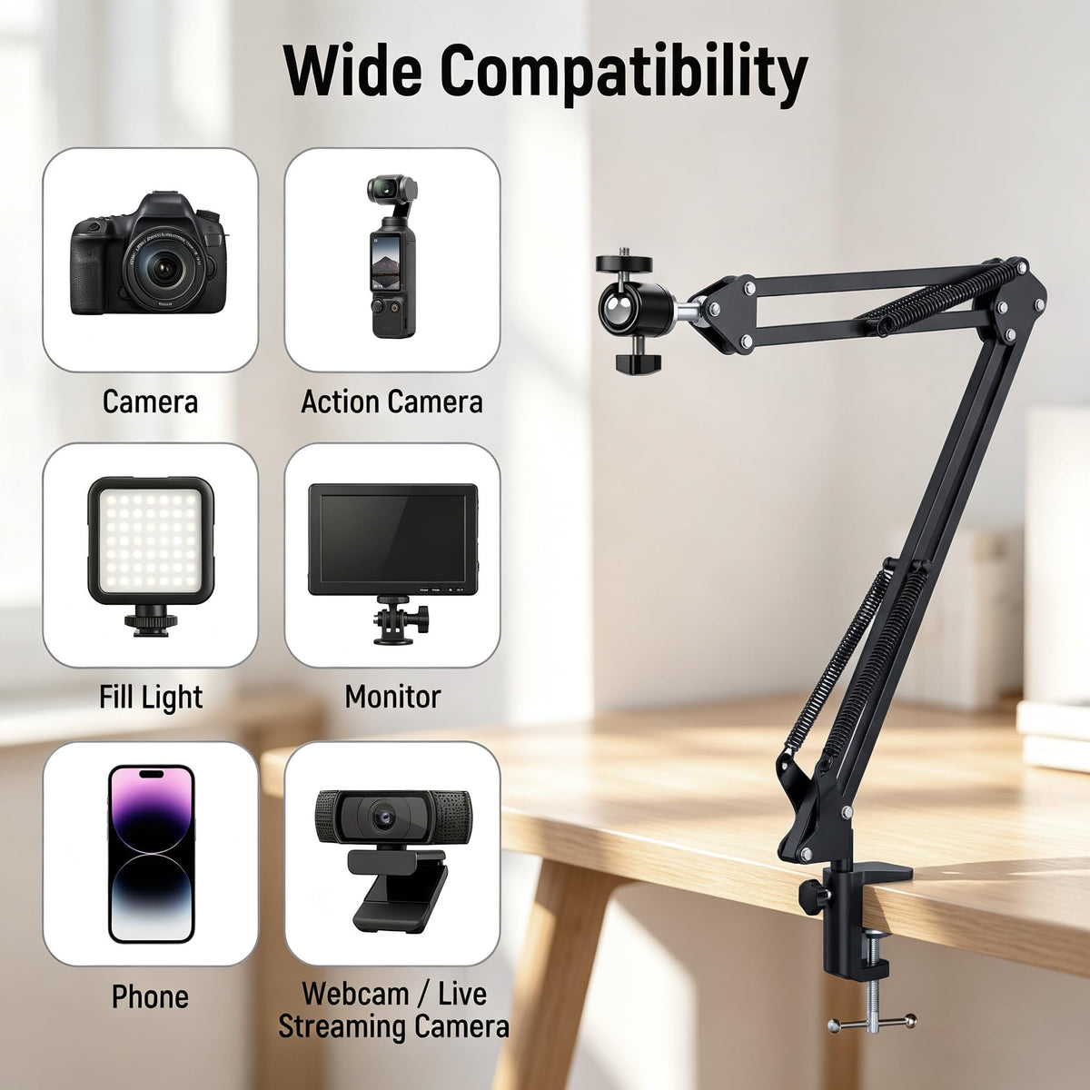 LenTok Overhead Tripod Mount for Camera Webcam Ring Light, Flexible Over Head Arm for iPhone with Phone Holder and Ball Head, Table Stand Accessory for Phone Video Recording Live Stream
