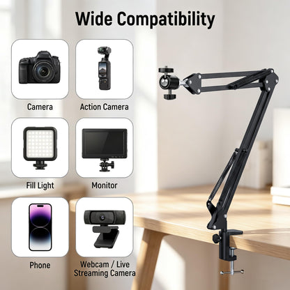 LenTok Overhead Tripod Mount for Camera Webcam Ring Light, Flexible Over Head Arm for iPhone with Phone Holder and Ball Head, Table Stand Accessory for Phone Video Recording Live Stream