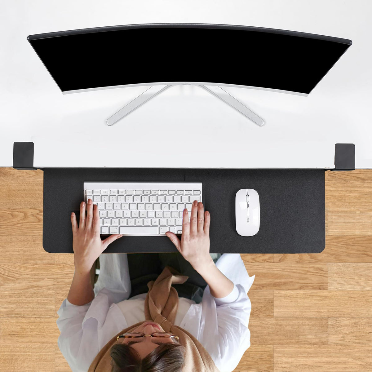 TECLUK Keyboard Tray Under Desk with Drawer,26.77" X 11.81" Keyboard Tray Large Size with C Clamp-on Mount, Easy to Install, Save Space for Office Desk (Black)