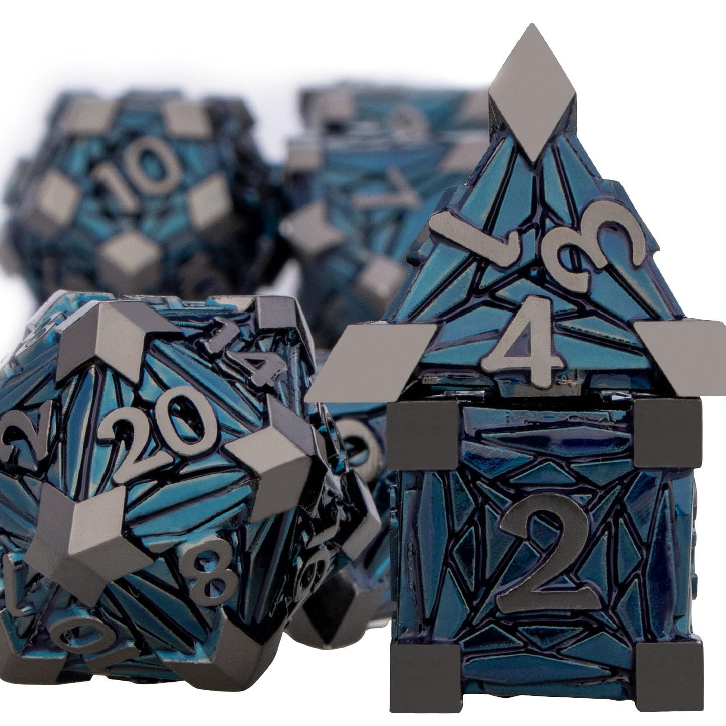 ORIFANTOU 7PCS Metal DND Dice Set with Box, Debris RPG Black Blue D and D Dice for use with D&D Tabletop Games Role Playing Game Polyhedral Dice Set D20 D12 D10 D8 D6 D4