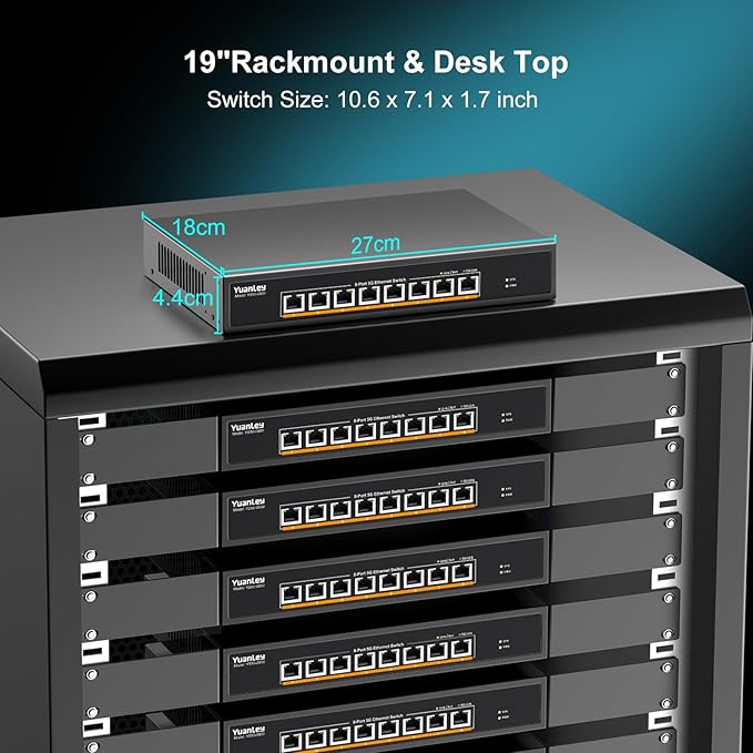YuanLey 8-Port 5G Ethernet Switch, 8 x 5Gbps RJ45 Ports, Support 5G/2.5G/1G/100Mbps Speed Auto-Negotiation, 80Gbps Switching Capacity, Unmanaged Switch Rackmountable, Plug and Play