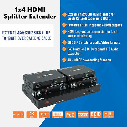 J-Tech Digital HDMI Extender Splitter 4K 60Hz 1 in 4 Out Over Single Cat5e/6 Ethernet Cable Up to 196ft. Supports 4K Downscale Audio Extraction PoC EDID Switch by [JTECH-14EX60-AE]