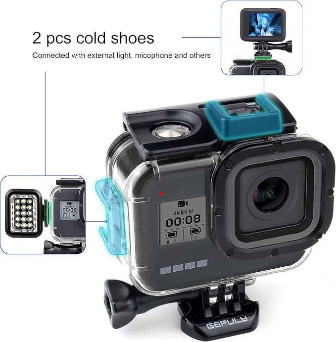GEPULY 60M/196FT Waterproof Housing Case for GoPro Hero 8 Black, Dual Cold Shoe Slots Protective Underwater Diving Housing Shell for GoPro Hero 8 Black Action Camera