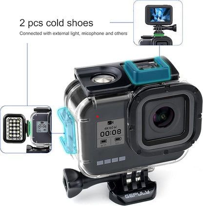 GEPULY 60M/196FT Waterproof Housing Case for GoPro Hero 8 Black, Dual Cold Shoe Slots Protective Underwater Diving Housing Shell for GoPro Hero 8 Black Action Camera