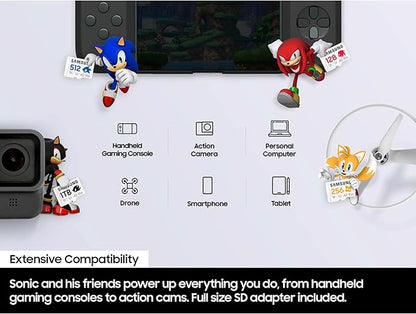 Samsung PRO Plus Sonic The Hedgehog + Adapter, 256GB microSDXC, Up-to 180MB/s, Full HD & 4K UHD, UHS-I, C10, U3, V30, A2, for Nintendo-Switch, Steam Deck, GoPRO, DJI Drone, Tablets (MB-MD256SA/LC1)
