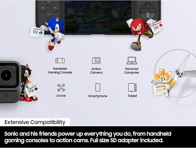 Samsung PRO Plus Sonic The Hedgehog + Adapter, 128GB microSDXC, Up-to 180MB/s, Full HD & 4K UHD, UHS-I, C10, U3, V30, A2, for Nintendo-Switch, Steam Deck, GoPRO, DJI Drone, Tablets (MB-MD128SA/LC1)
