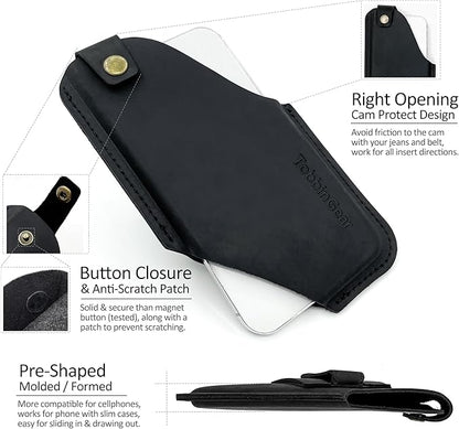 TobbinGear Left-Handed Leather Cell Phone Holster with Belt Clip, Universal Phone Holster for Men Belt Holder, Leather Case for iPhone, Samsung Galaxy Phones, Black, Medium